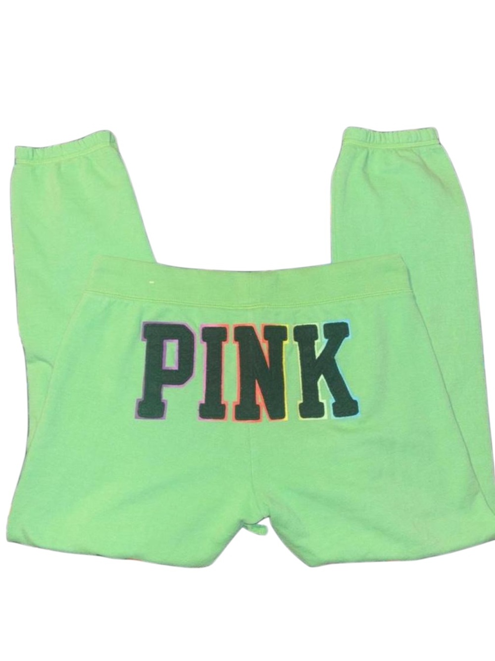 2010 VS PINK Green Sweatpants W/ Black Text Outlined In Rainbow- Size Small
